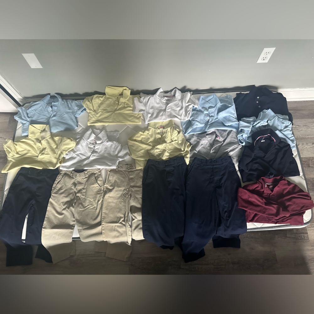 Bundle of Uniforms pants size 7 relaxed and shirts M 8 boys